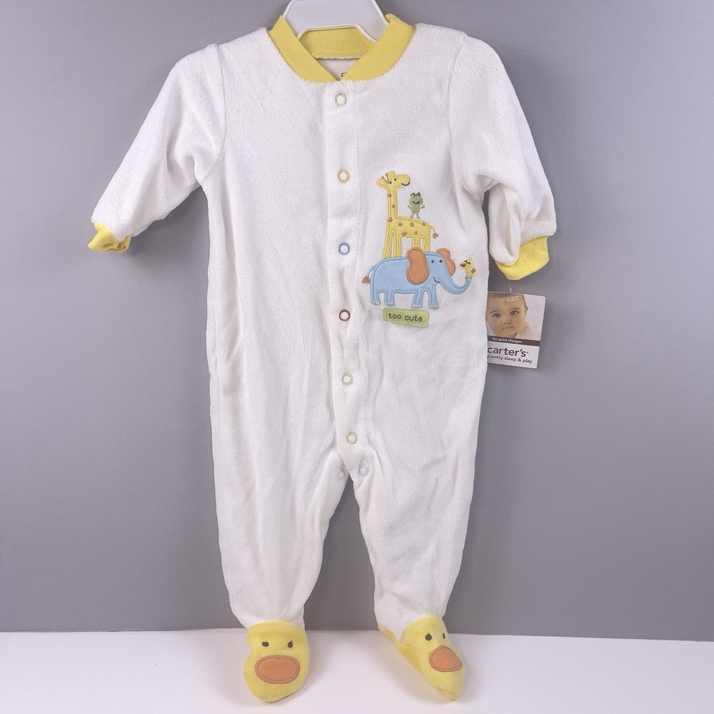 Carters Vintage 2009 Baby Sleeper 3M White Yellow Giraffe Elephant Duck Feet NWT